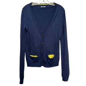 Mini Boden Johnnie B Large Kids Cashmere Navy Yellow Button Cardigan Sweater Y3
